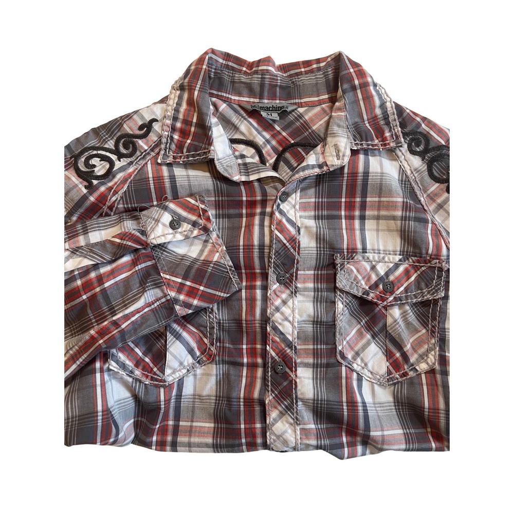Machine Red Gray Plaid Shirt Mens‎ M Western Embroidered Long Sleeve Button Up